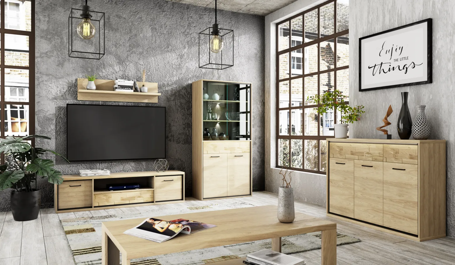 Witryna MILAN 92 cm Natural Hikora / Czarny Szuflady Drzwi Industrialna