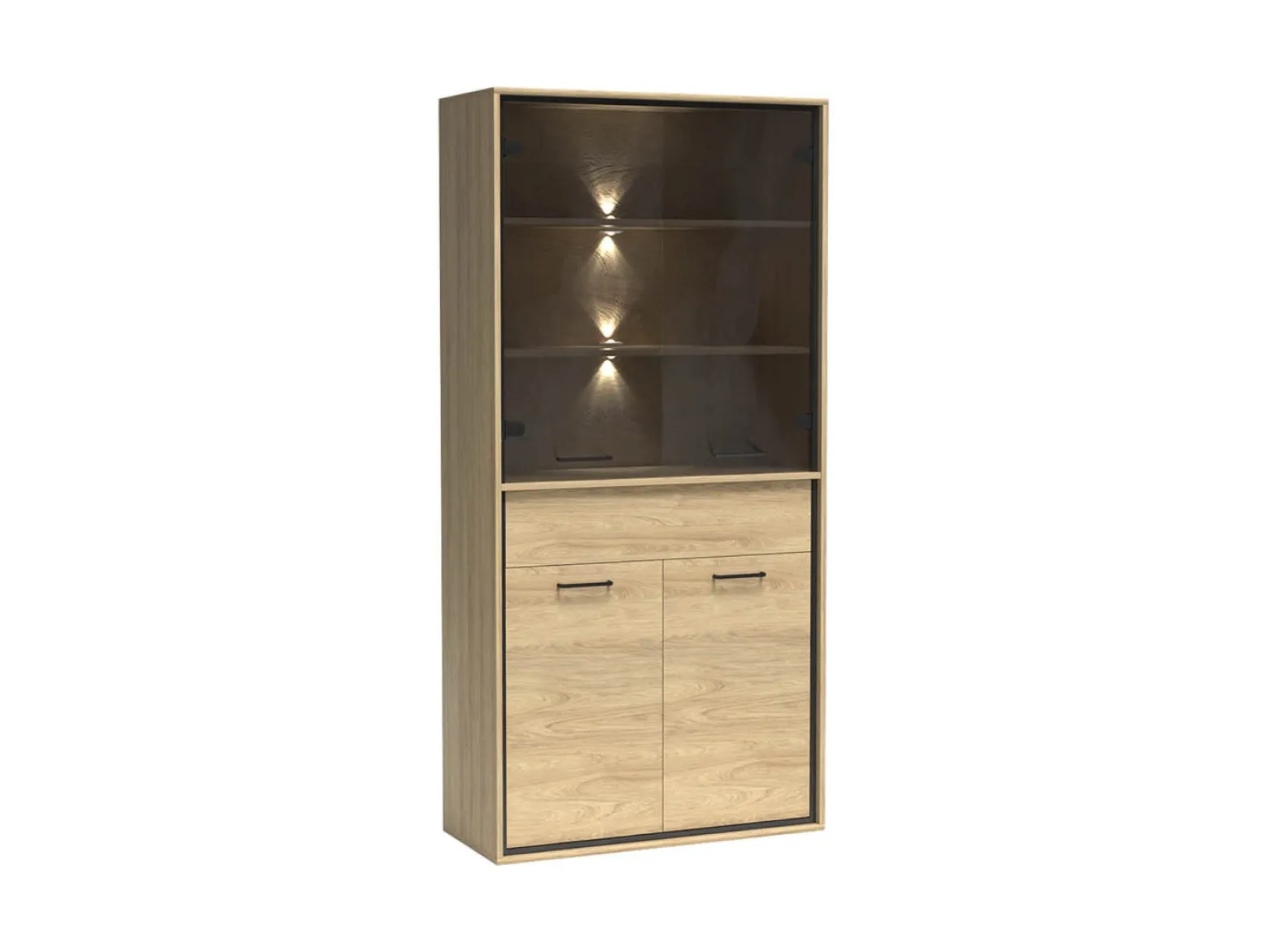 Witryna MILAN 92 cm Natural Hikora / Czarny Szuflady Drzwi Industrialna