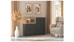 Witryna System64 128 cm z 2 szufladami i 6 drzwiami grafit/dąb coast evoke