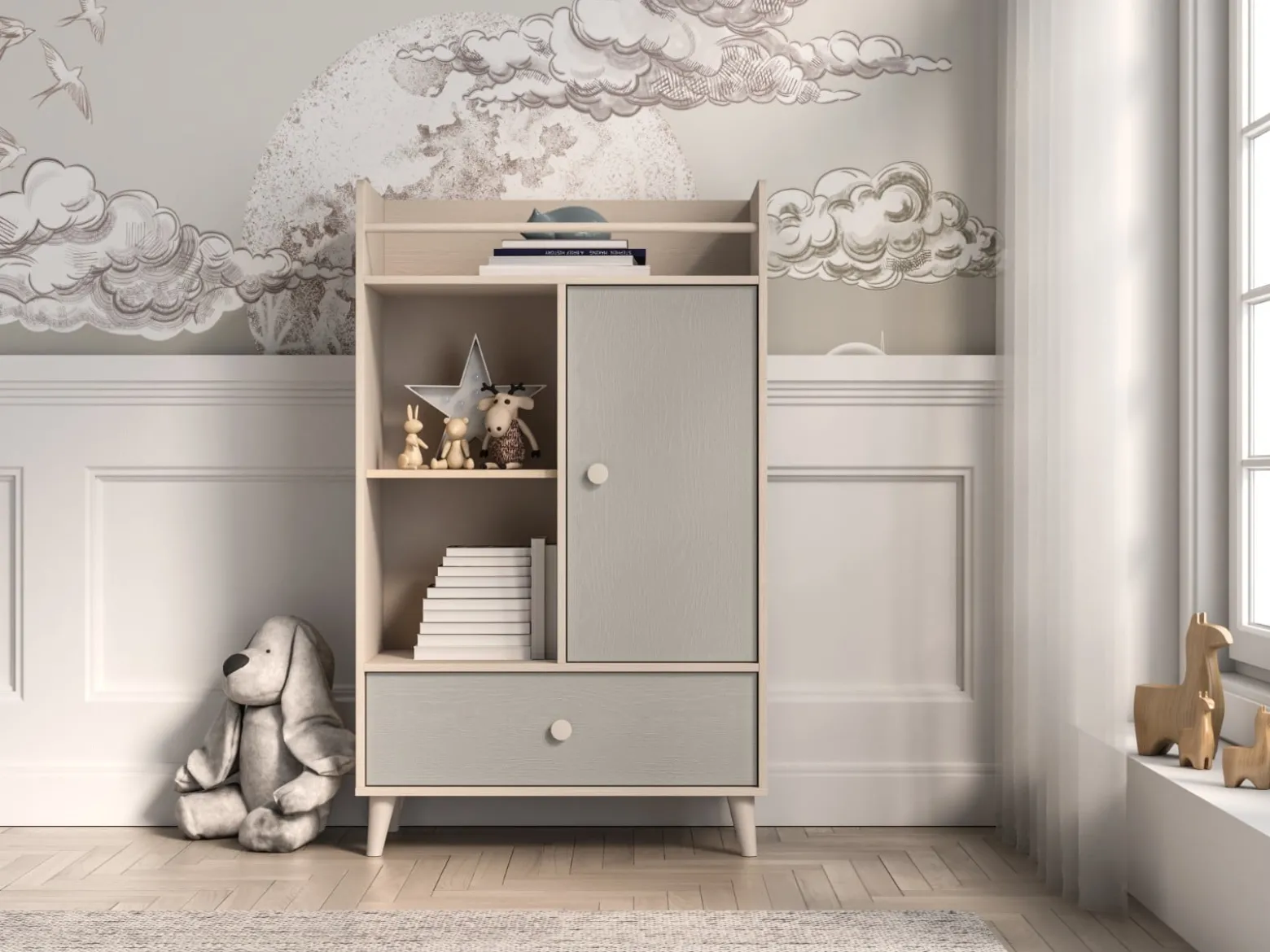 Wysoka Komoda z Szufladą Do Pokoju Dziecięcego 80 cm MEVEL Szara Beż