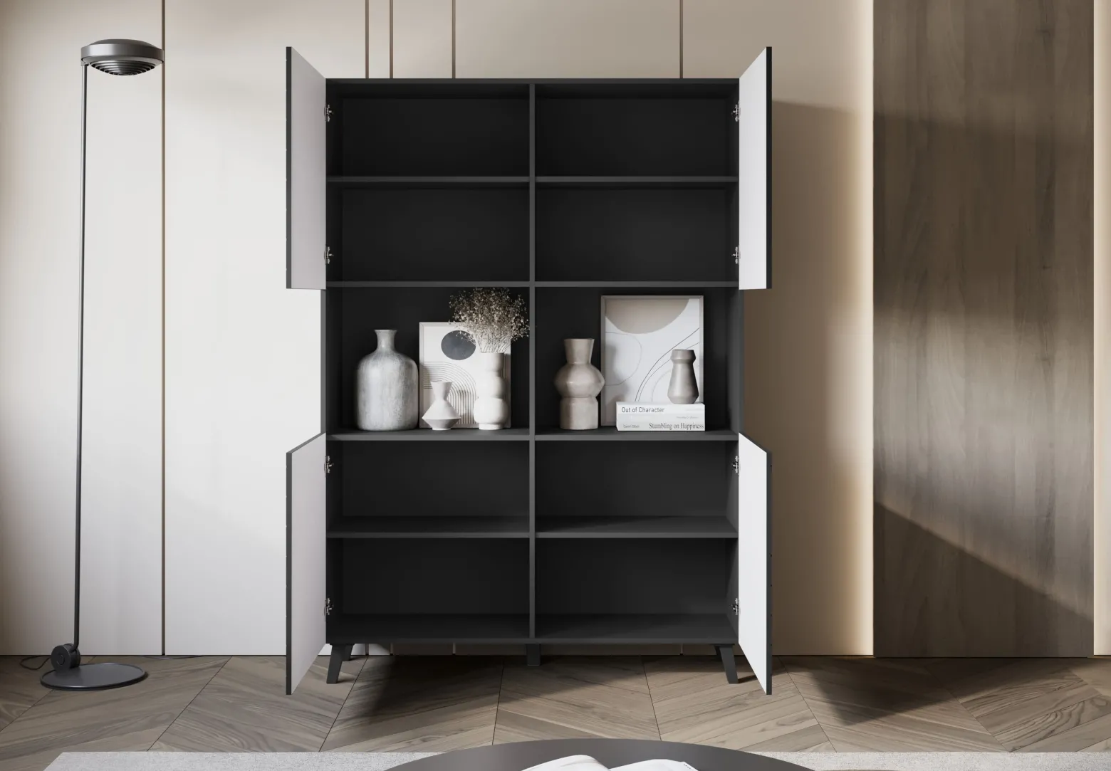 Wysoka komoda LOKET 160 cm czarny grafit/czarny MDF wzór M3