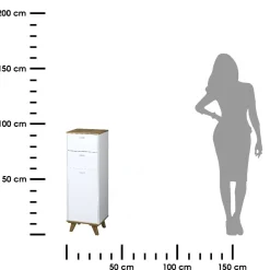 Wysoka szafka łazienkowa słupek 96 cm biała z drewnem 2 szuflady