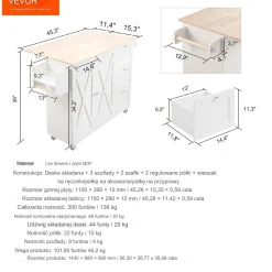 Wyspa kuchenna stół barowy regał szafka kredens na kółkach 143x68 cm
