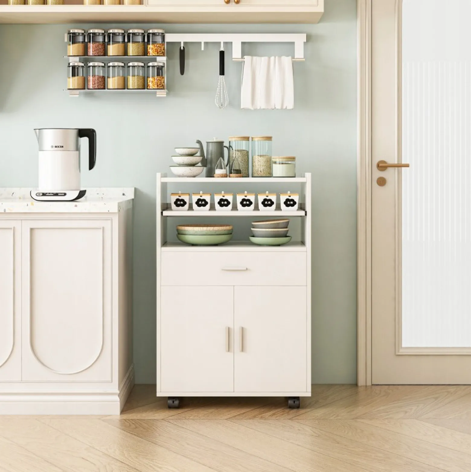 Wózek kuchenny szafka regał mobilny nowoczesny biały na kółkach półka