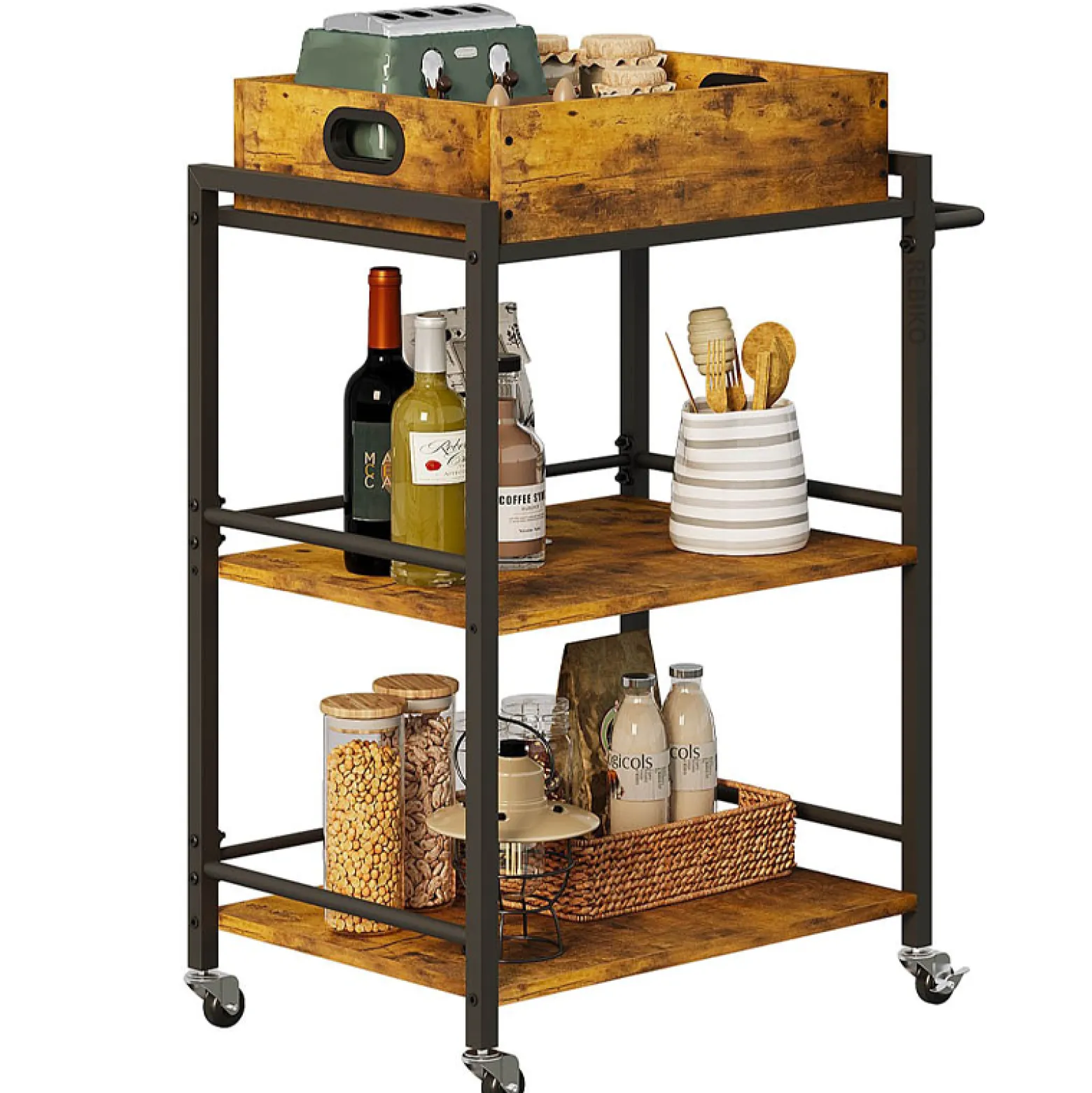 Wózek kuchenny zdejmowana taca brązowa vintage retro loft na kółkach 86 cm