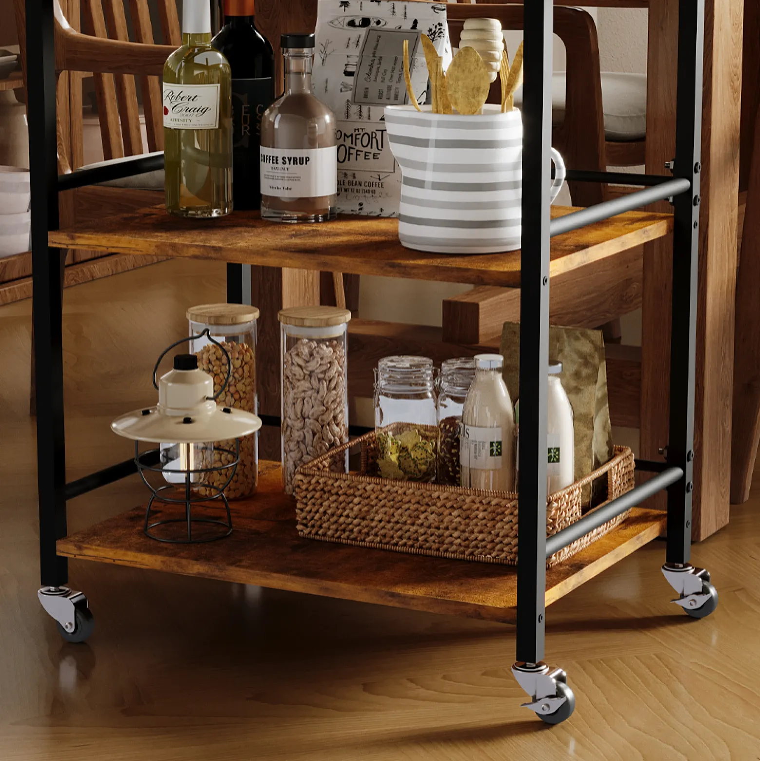 Wózek kuchenny zdejmowana taca brązowa vintage retro loft na kółkach 86 cm