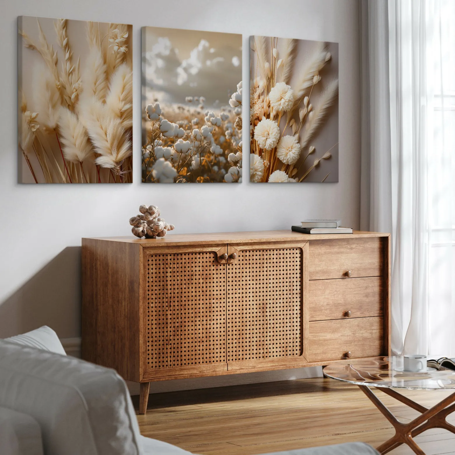 3x Obraz Set Kwiaty Bawełna Trawy Natura W Stylu Boho 30x40cm