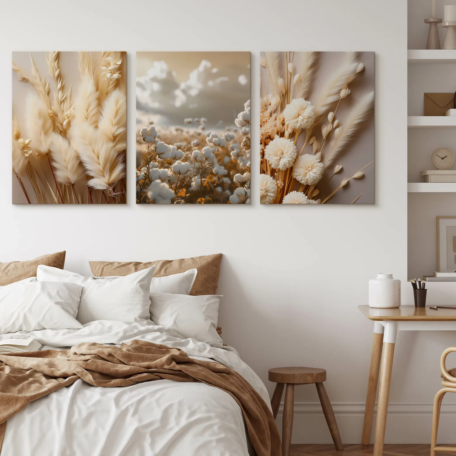 3x Obraz Set Kwiaty Bawełna Trawy Natura W Stylu Boho 30x40cm