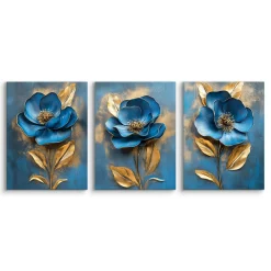 3x Obraz Set Niebieskie Abstrakcyjne Kwiaty 30x40cm