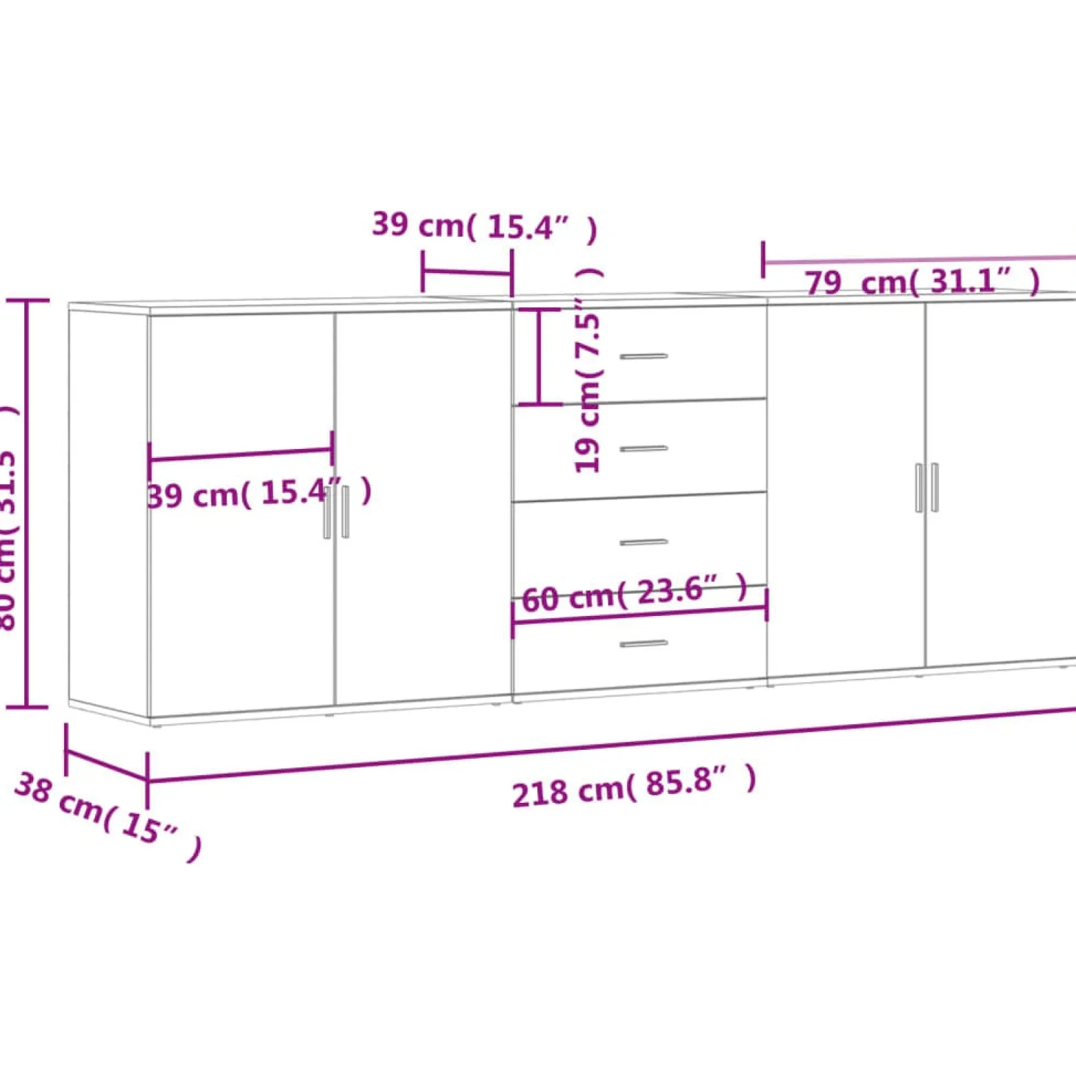3x Szafka Biała 79x38x80 cm do Salonu Pokoju Sypialni
