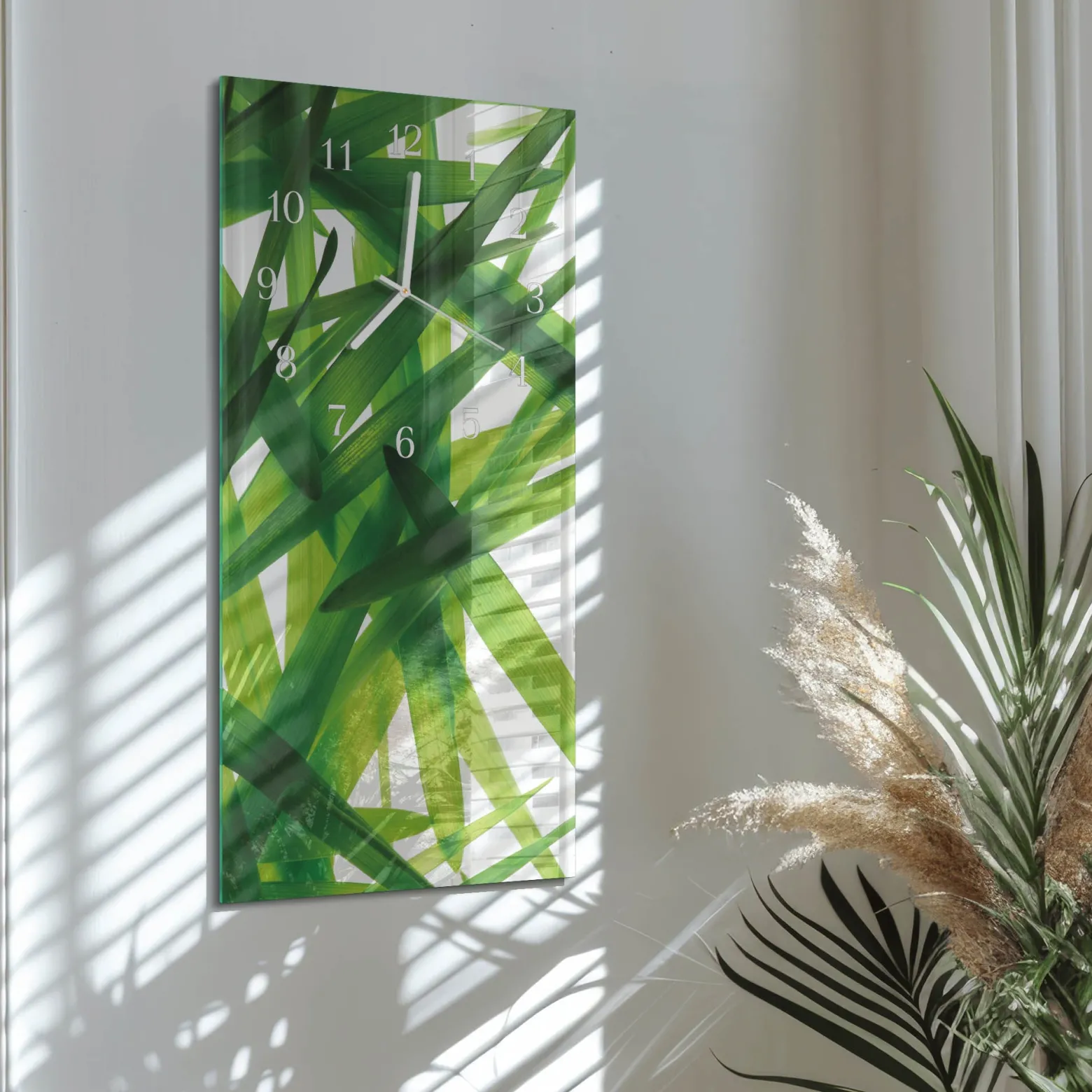 Zegar ozdobny 30x60 Liście Roślin szklany ścienny