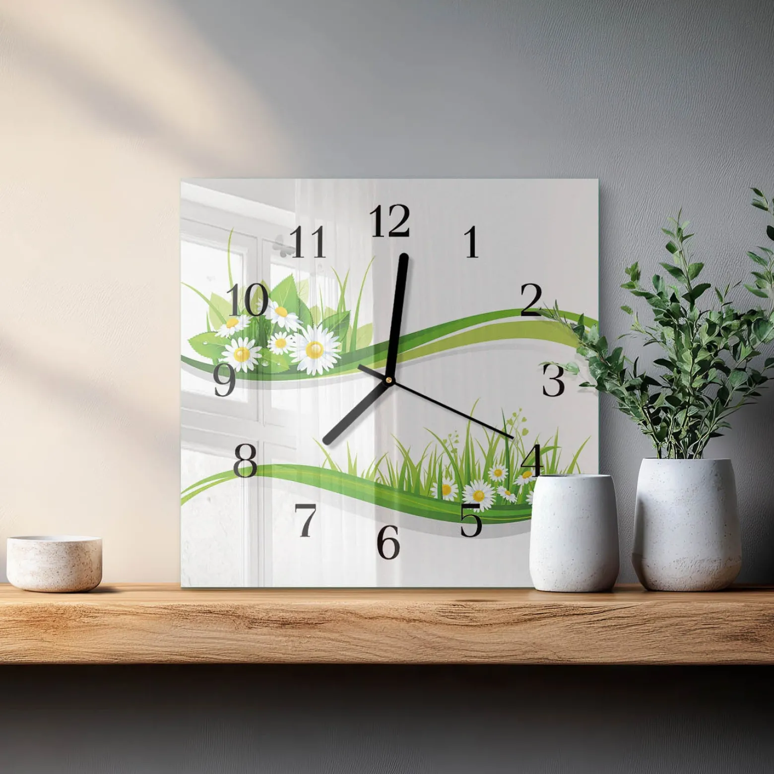 Zegar kwadratowy 30x30 Stokrotka kwiatek natura biały ogród cichy
