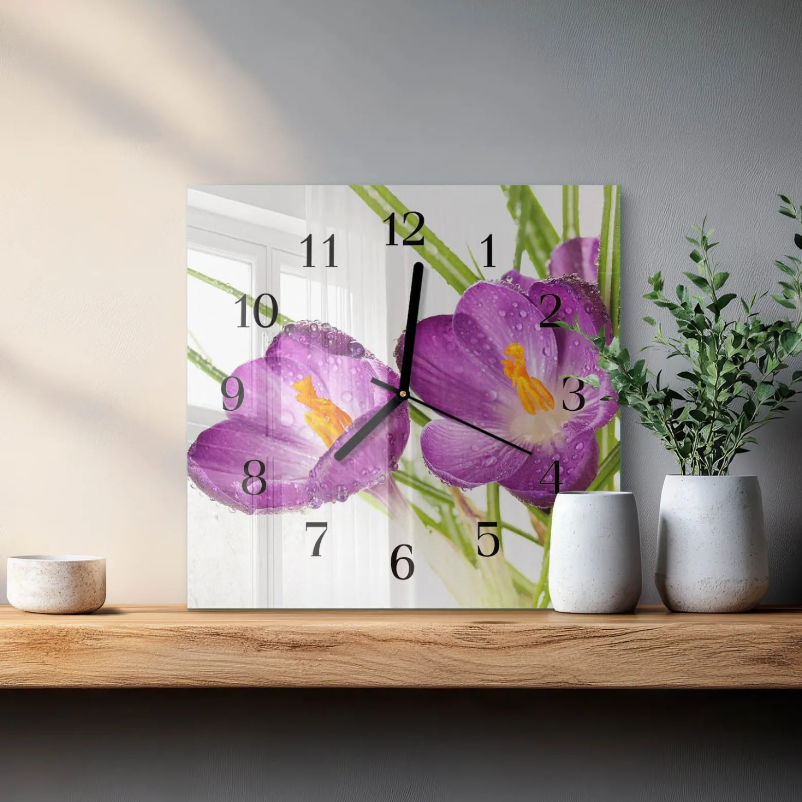 Zegar na szkle 30x30 Krokusy nowoczesny do salonu