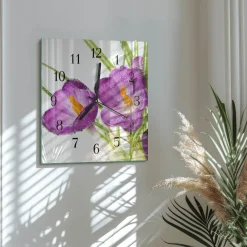 Zegar na szkle 30x30 Krokusy nowoczesny do salonu