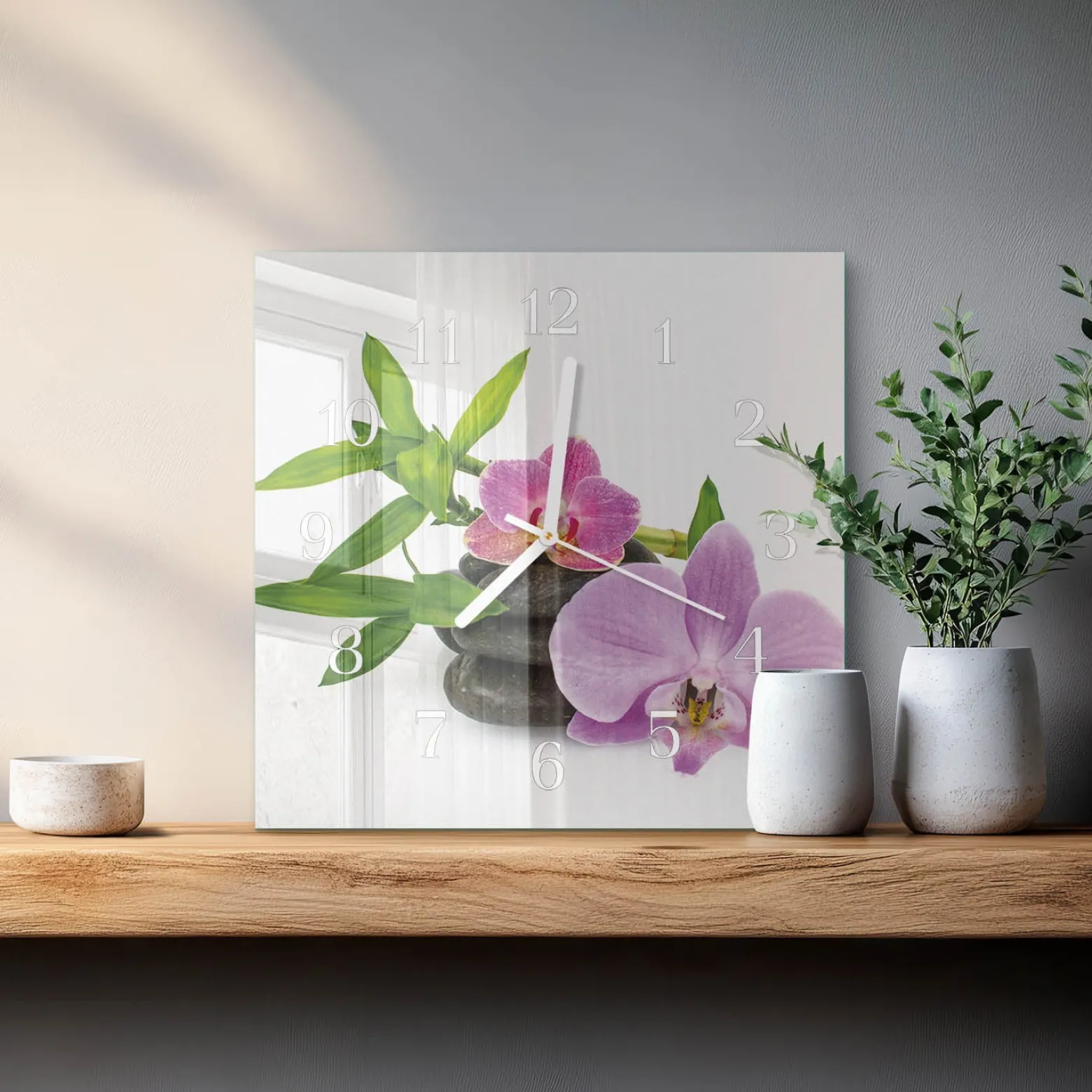 Zegar natura 30x30 Orchidea cichy mechanizm salon