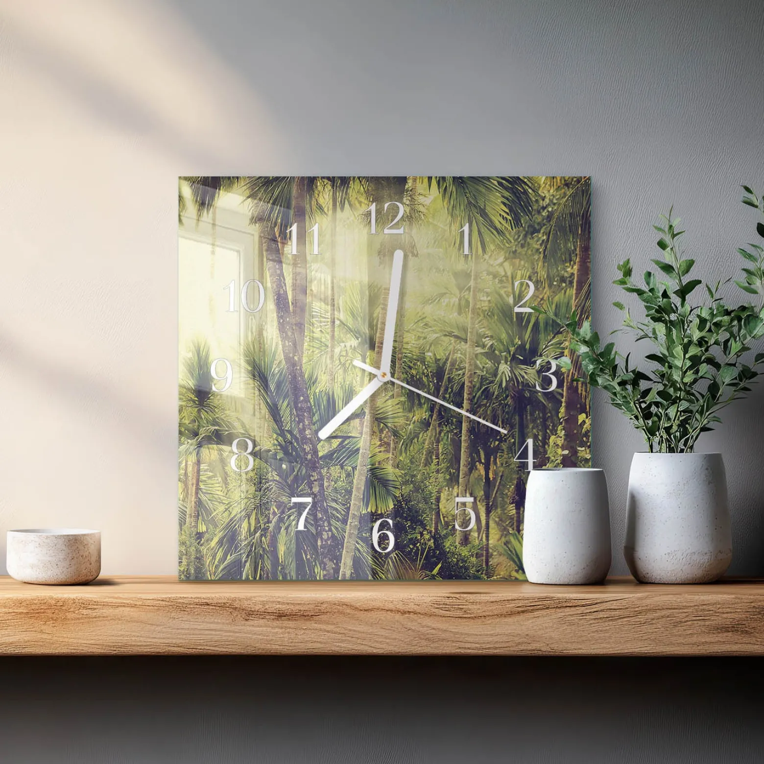 Zegar ostry 30x30 Palmy szklany ścienny