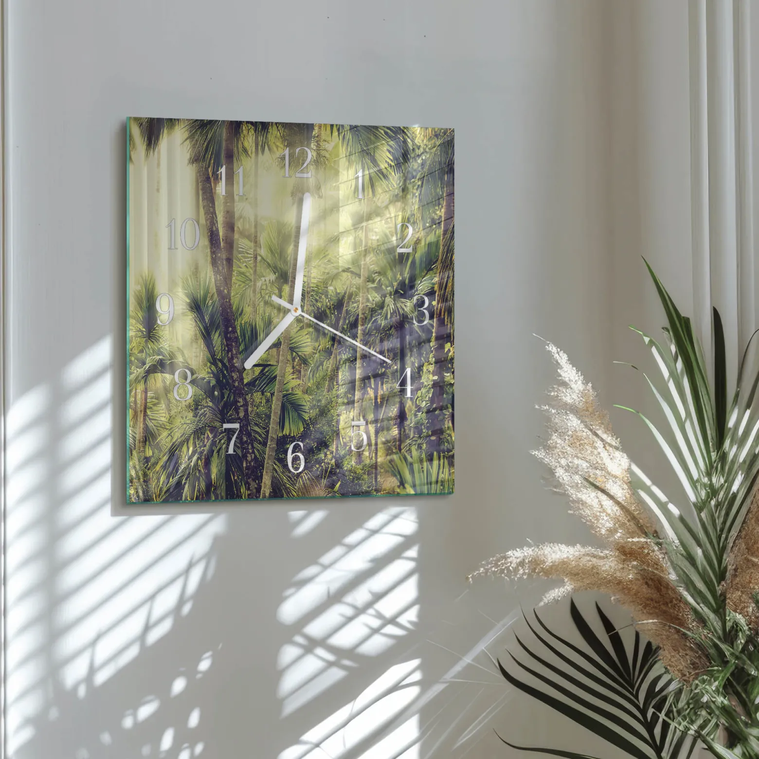 Zegar ostry 30x30 Palmy szklany ścienny