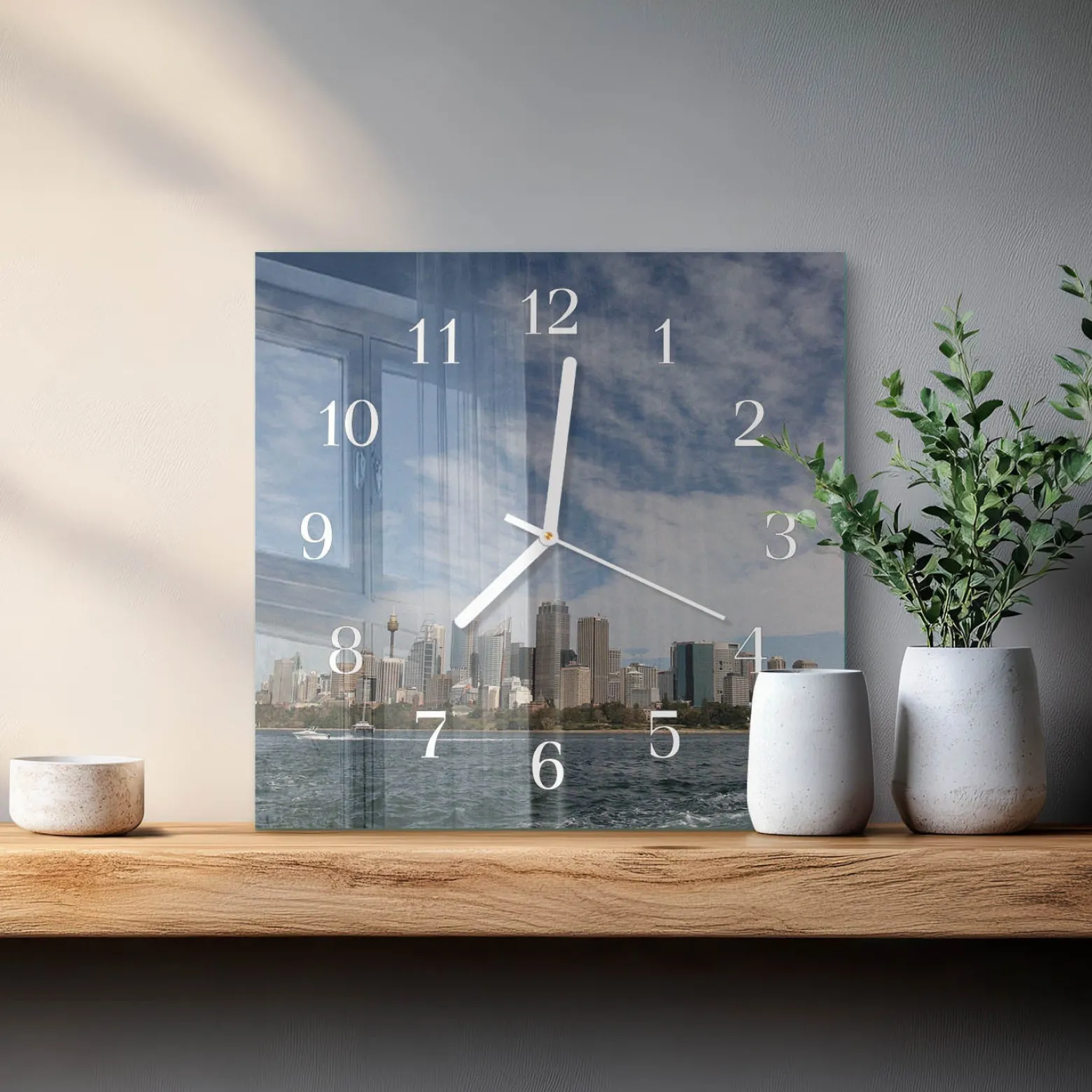 Zegar starówka 30x30 Miasto panorama budynki horyzont szklany