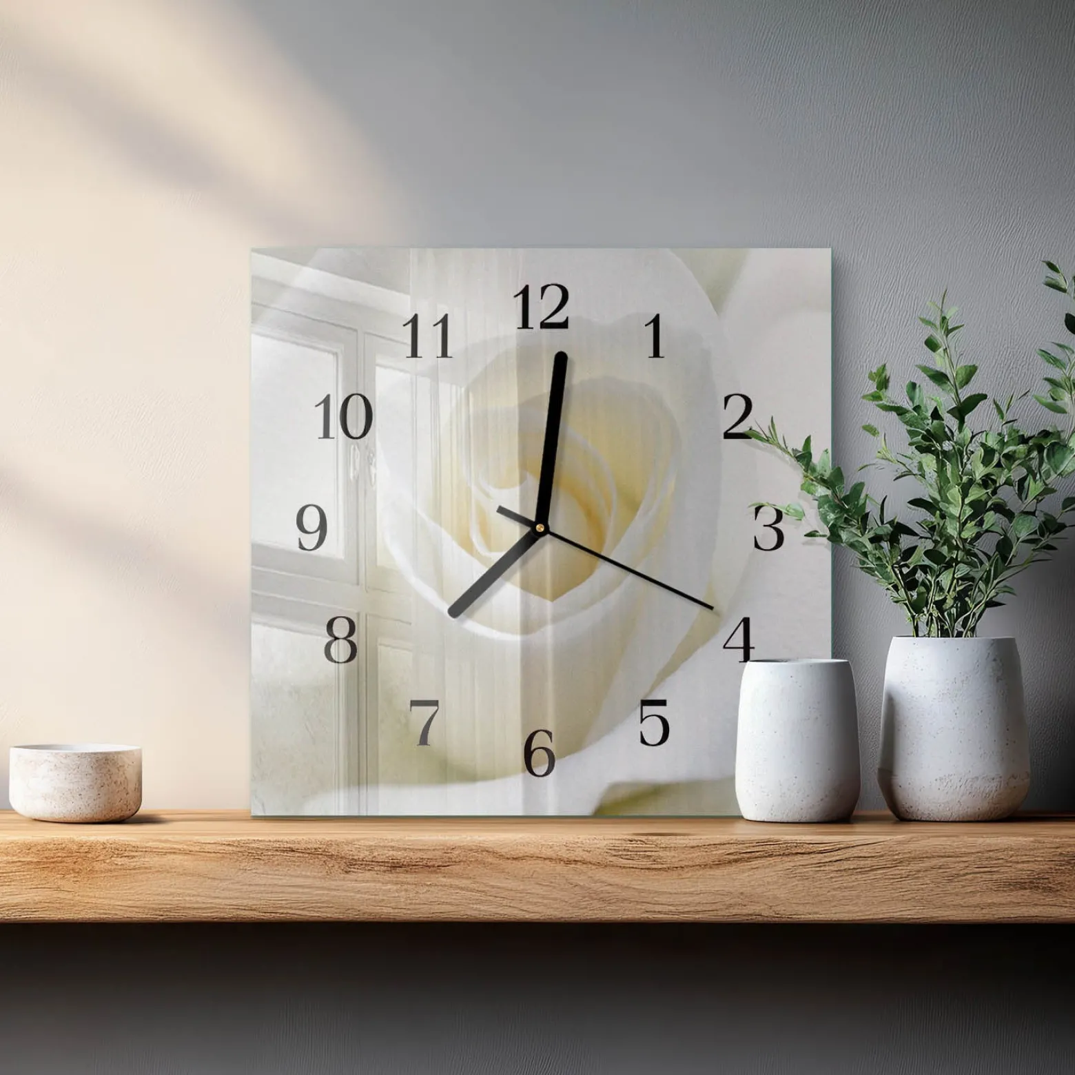 Zegar sypialnia 30x30 Biała Róża kwiaty elegancja czystość cichy