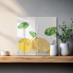 Zegar szklany 30x30 Cytrynowy zegar ścienny