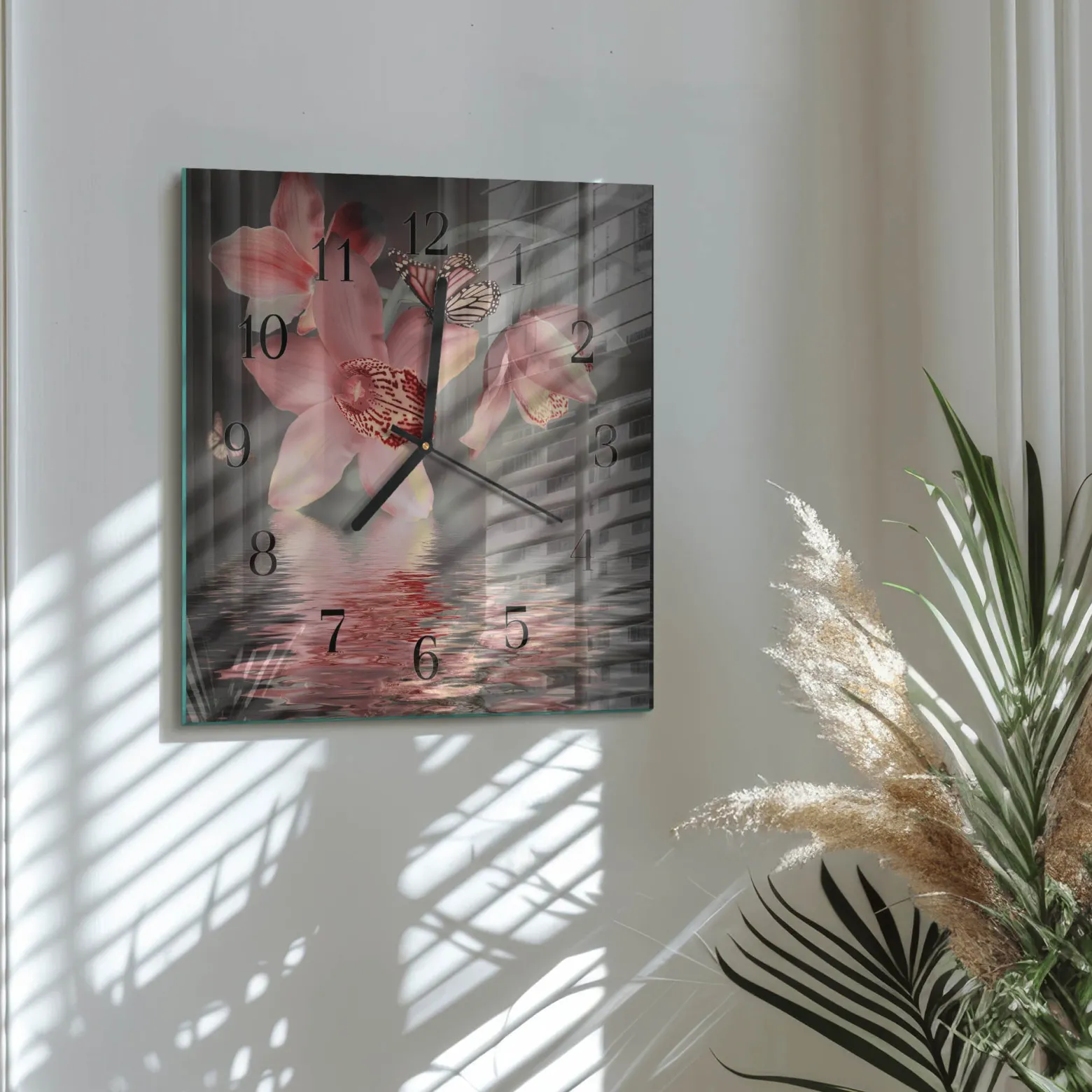 Zegar z grafiką 30x30 Orchidea nowoczesny na ścianę