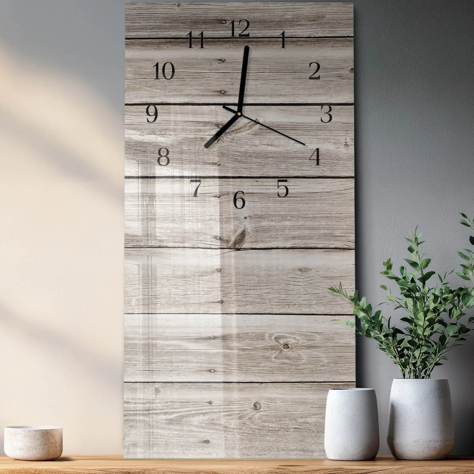 Zegar z grafiką 30x60 Paski Drewniane ozdobny ścienny