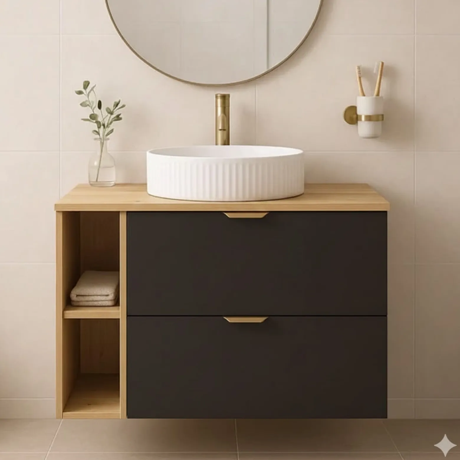 Zestaw do Łazienki 80cm Szafka z Blatem i Regałem Dąb Artisan / Czarny