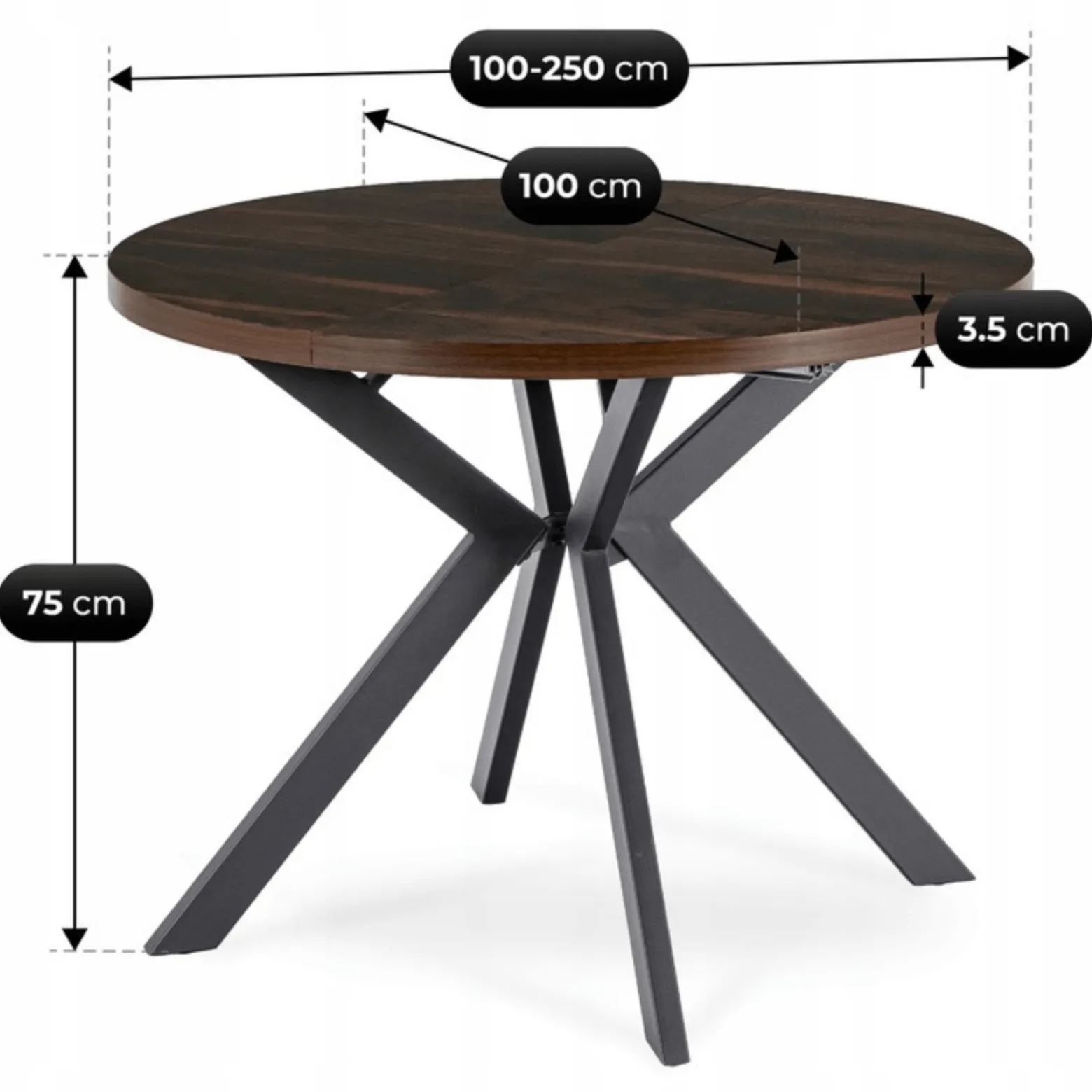Zestaw Stół LUKAS 100-250 cm i 4 Krzesła PERU Czarne