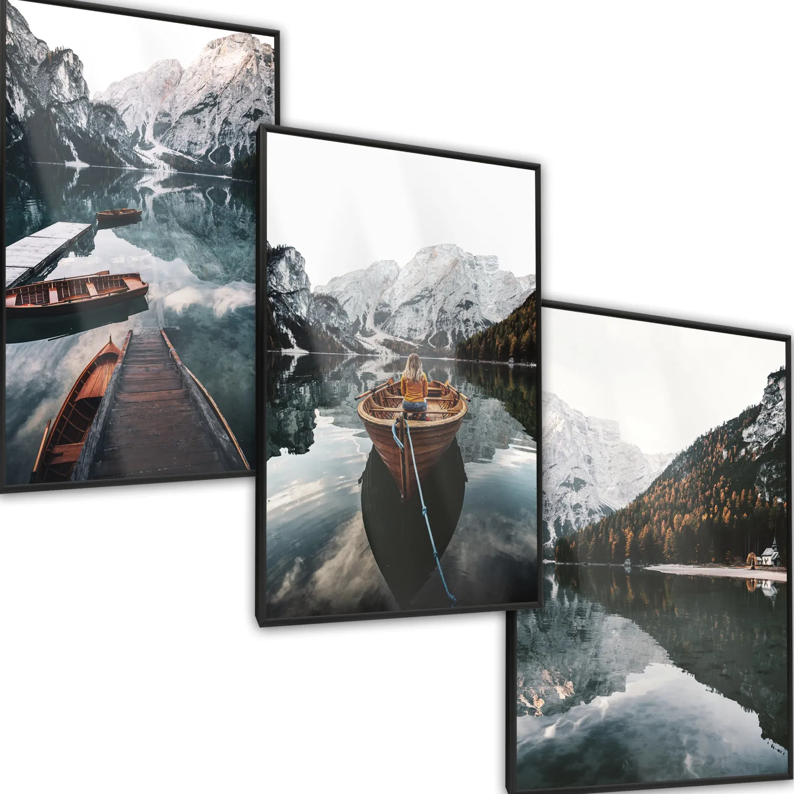 ZESTAW 3x Plakat W Ramie Łódki Na Górskim Jeziorze 30x40cm
