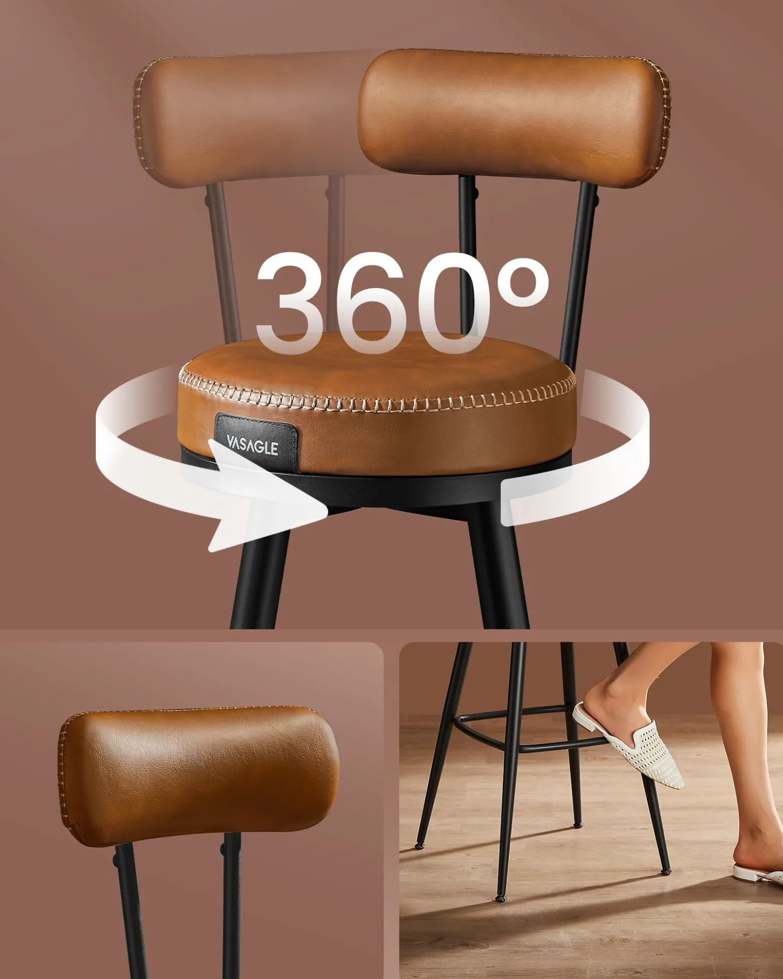 Zestaw 2 hokerów barowych obrotowych 360° brązowo czarne 91 cm siedzisko