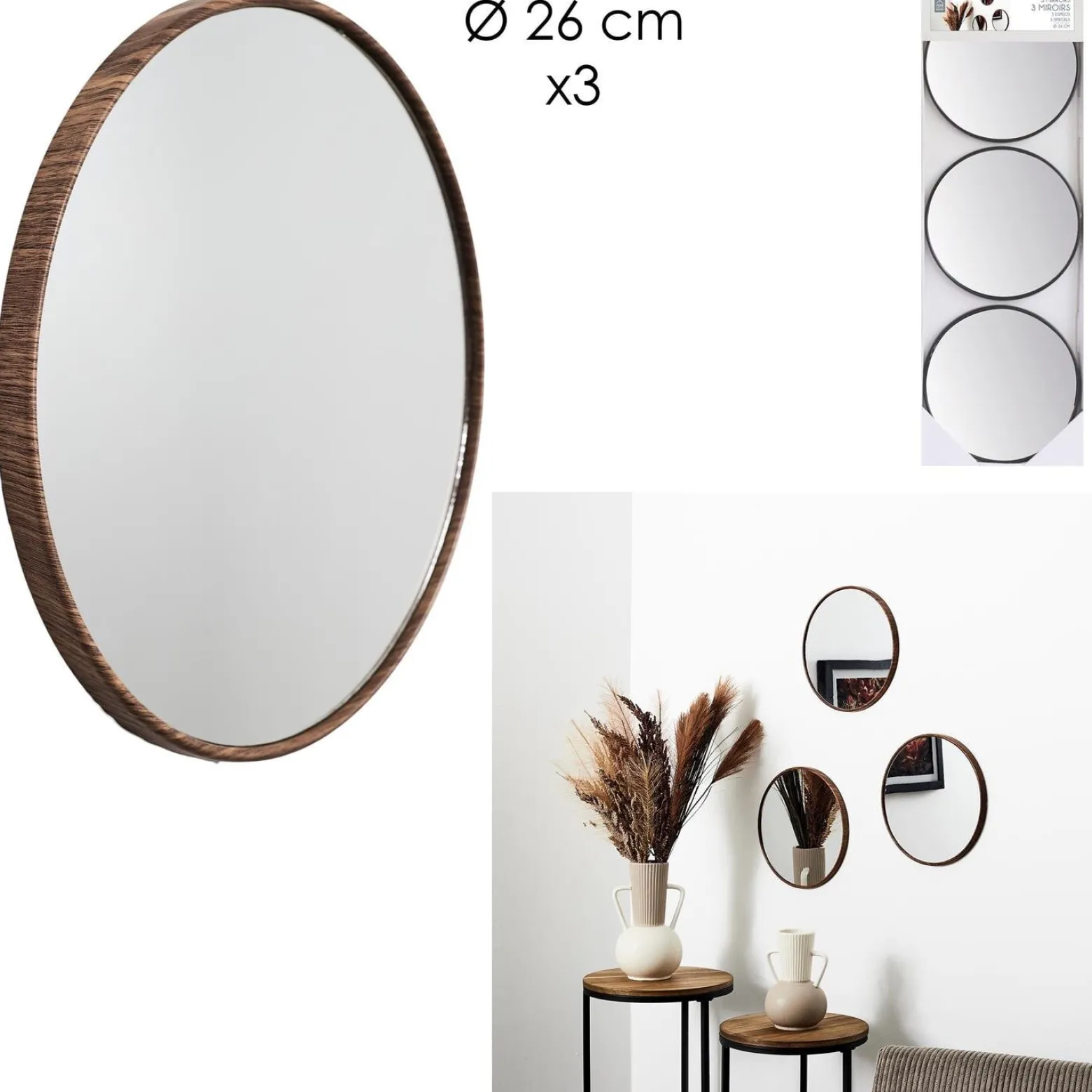 Zestaw 3 lustra Toronto okrągłe orzech 26 cm kolor orzecha
