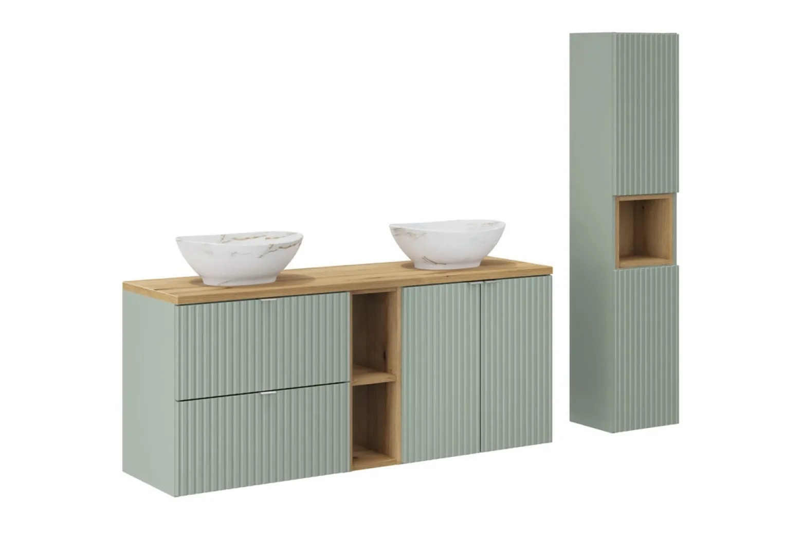 Zestaw Mebli Łazienkowych Line Reed Green 140cm z Blatem, 2 Umywalkami