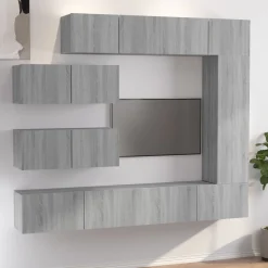 Zestaw Mebli Do Salonu Szafki RTV Szare Półki Meblościanka