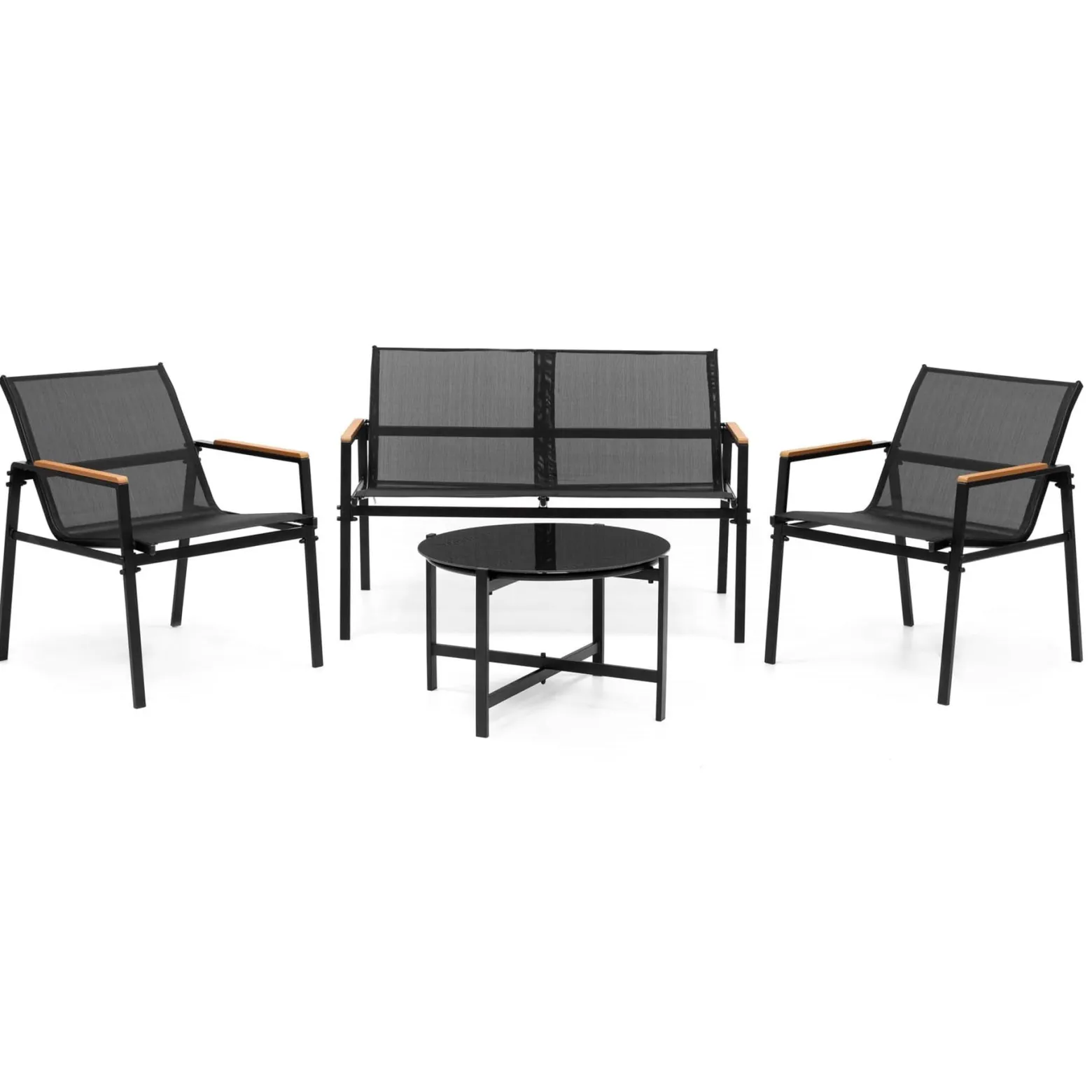 Zestaw mebli ogrodowych dla 4 osób sofa, krzesła, stolik metalowe, czarne