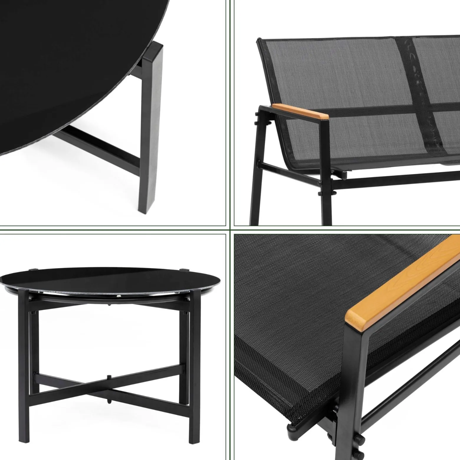 Zestaw mebli ogrodowych dla 4 osób sofa, krzesła, stolik metalowe, czarne