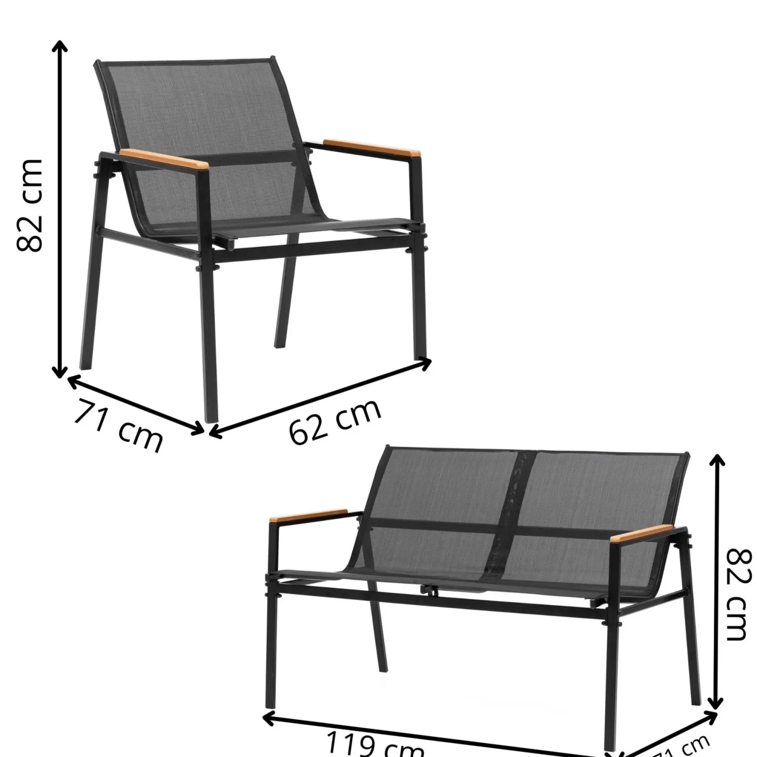 Zestaw mebli ogrodowych dla 4 osób sofa, krzesła, stolik metalowe, czarne