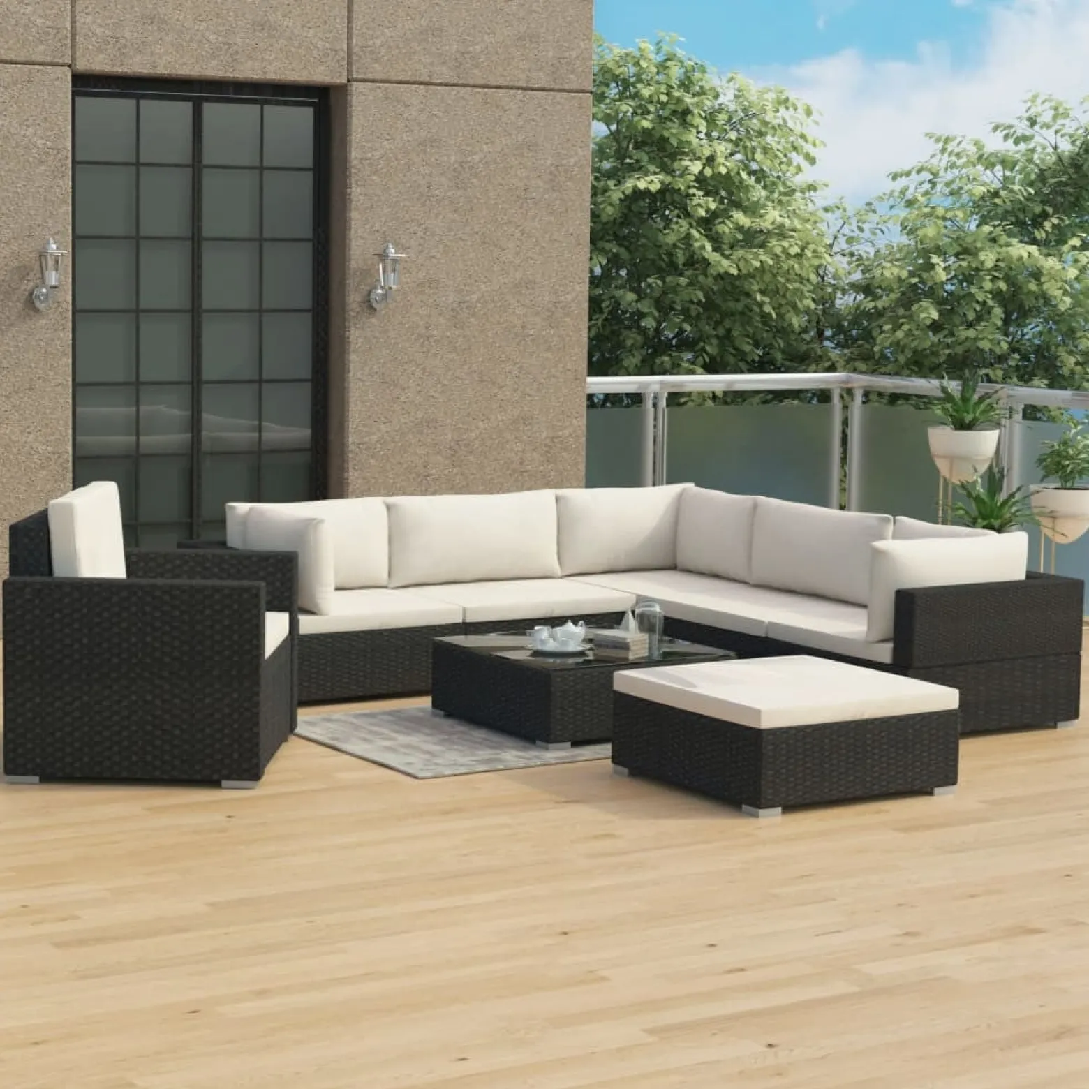 Zestaw Mebli Ogrodowych Wypoczynkowy Sofy Stolik Podnóżek Rattan Na Balkon
