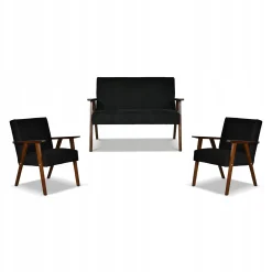 Zestaw mebli PRL retro SOLER sofa fotele Family Meble czarny welur Angel