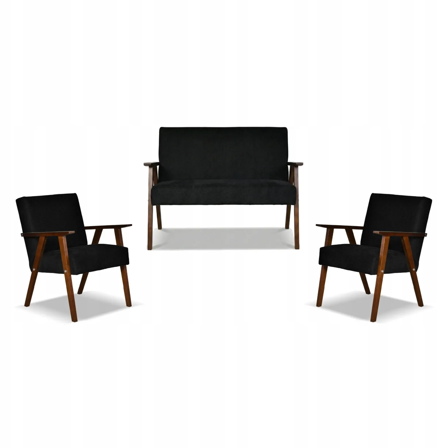 Zestaw mebli PRL retro SOLER sofa fotele Family Meble czarny welur Angel