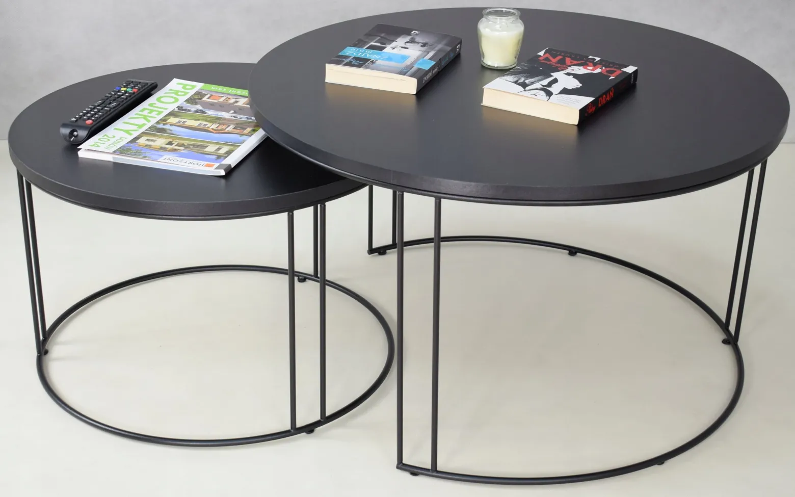 Zestaw Okrągłych Stolików Kawowych 2w1 Salon Loft Czarny+Czarny MiniPearl