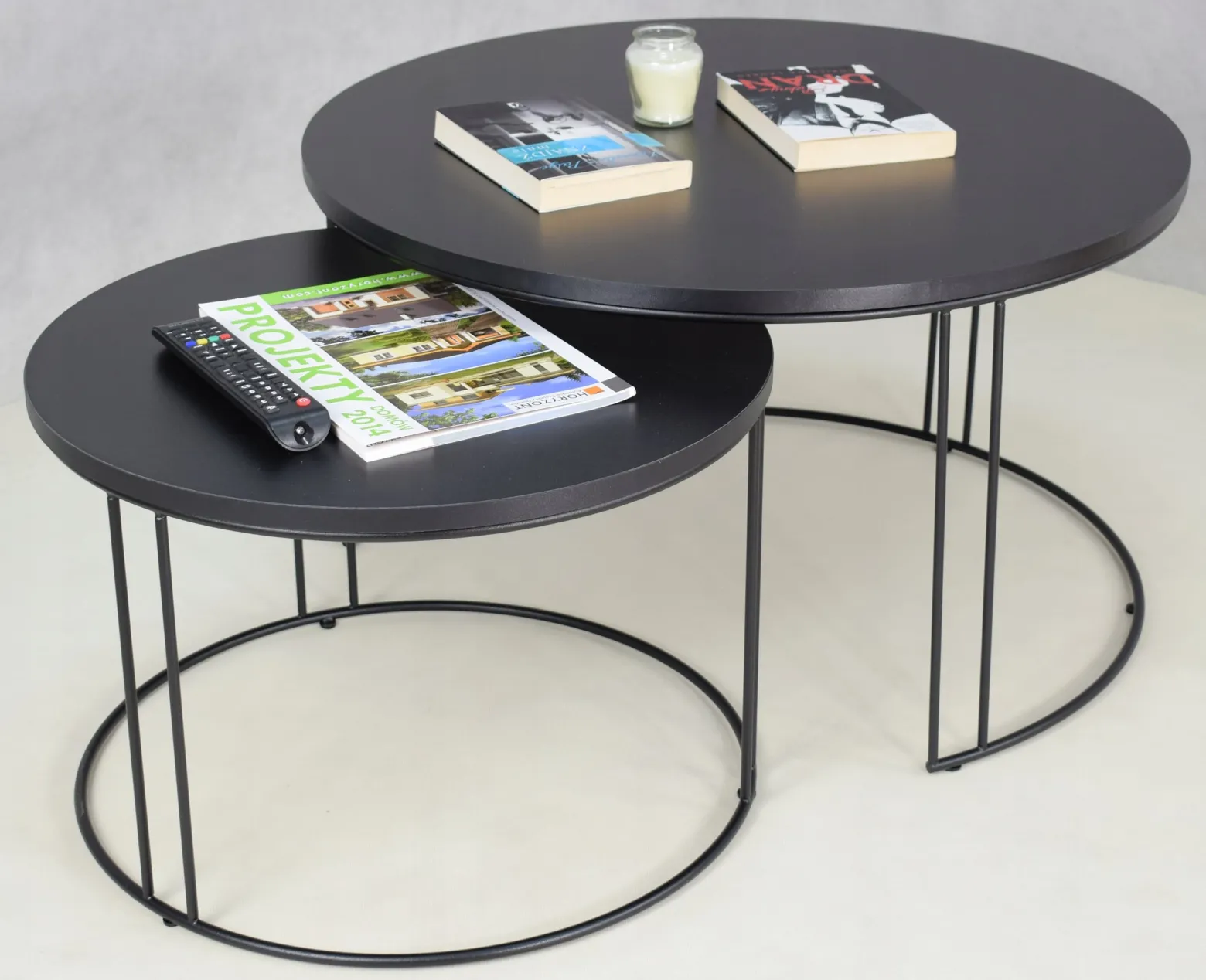 Zestaw Okrągłych Stolików Kawowych 2w1 Salon Loft Czarny+Czarny MiniPearl