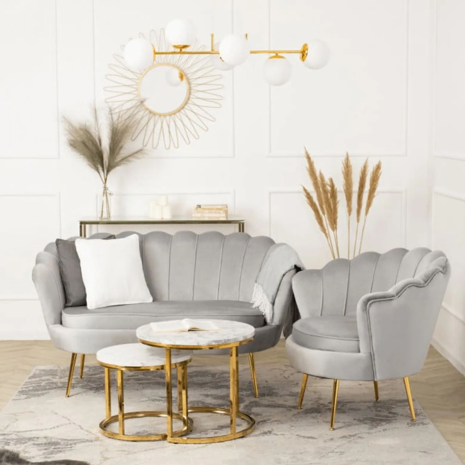 Zestaw Sofa Szara i 2 Fotele Muszelka Meble Wypoczynkowe Glamour Złote