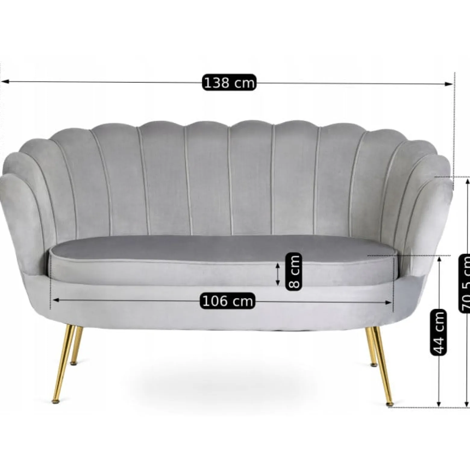 Zestaw Sofa Szara i 2 Fotele Muszelka Meble Wypoczynkowe Glamour Złote