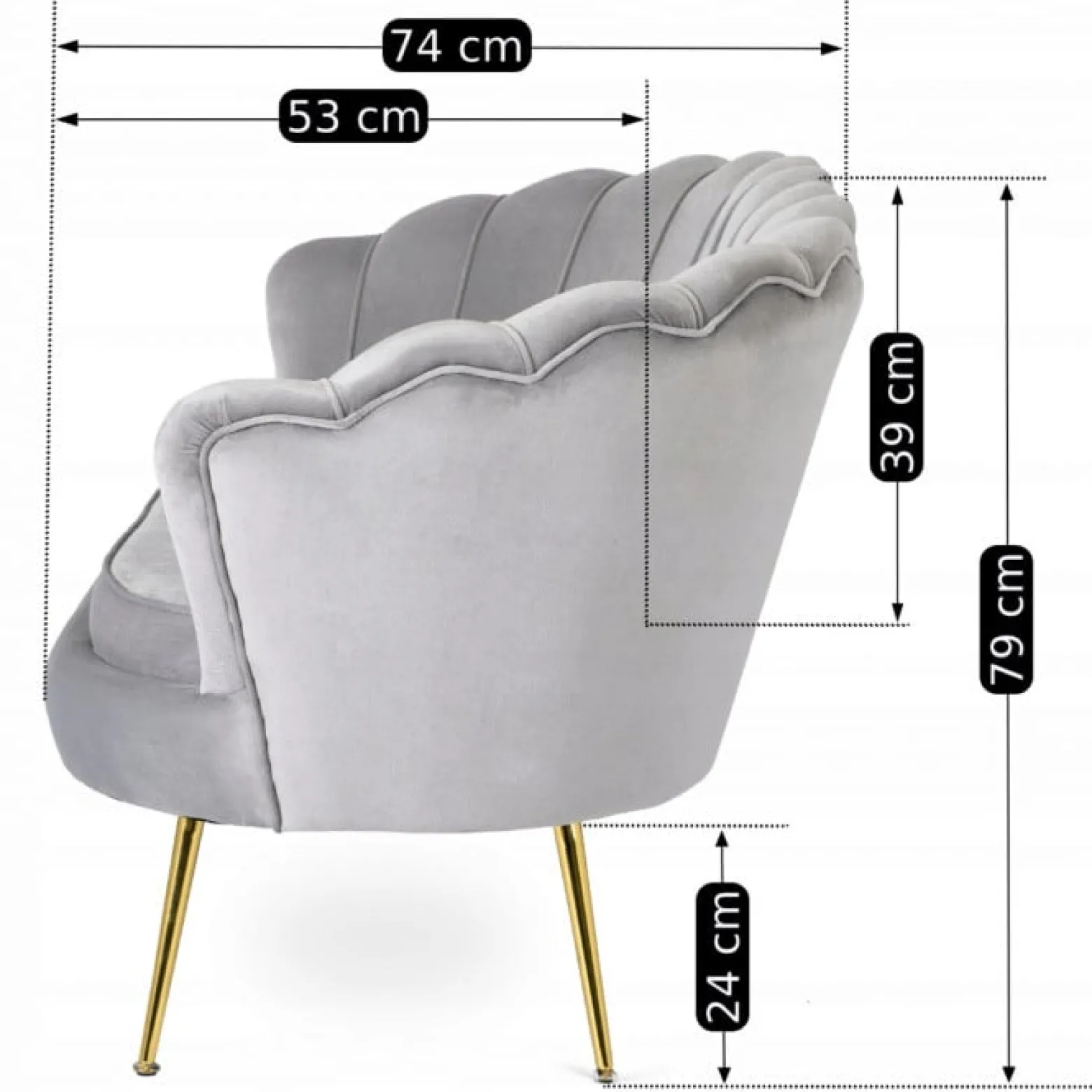 Zestaw Sofa Szara i 2 Fotele Muszelka Meble Wypoczynkowe Glamour Złote