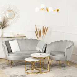 Zestaw Sofa Szara i 2 Fotele Muszelka Meble Wypoczynkowe Glamour Złote