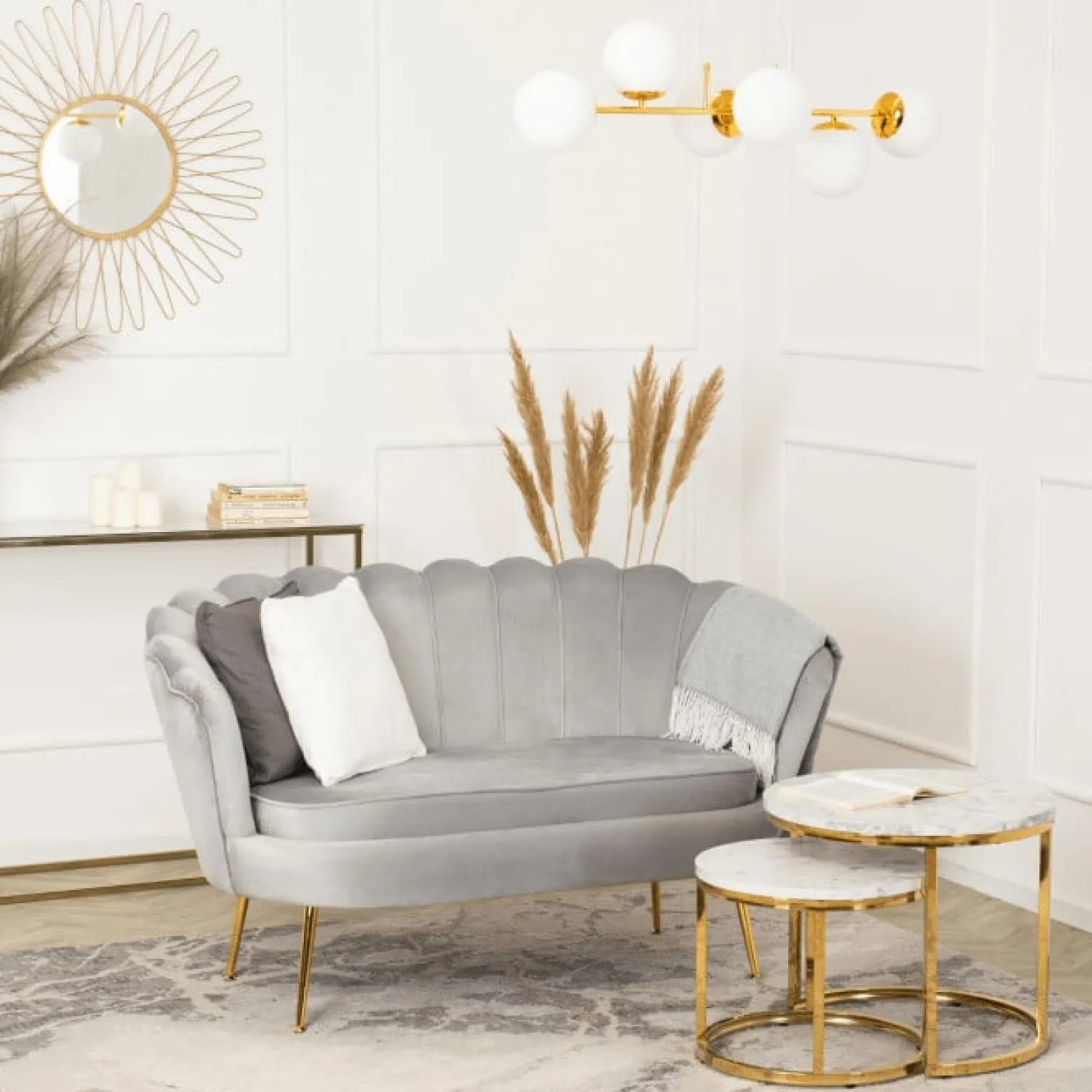 Zestaw Sofa Szara i 2 Fotele Muszelka Meble Wypoczynkowe Glamour Złote