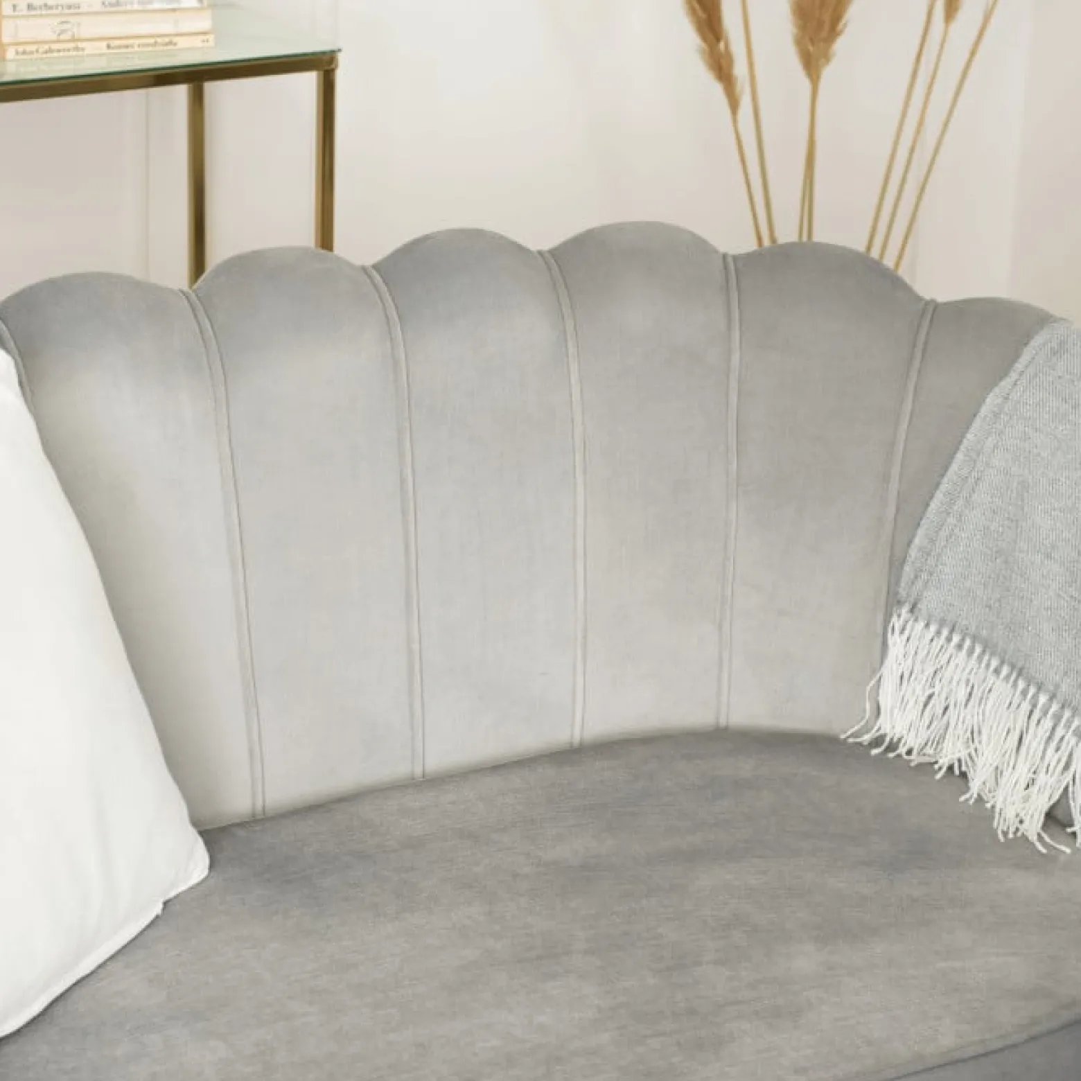 Zestaw Sofa Szara i 2 Fotele Muszelka Meble Wypoczynkowe Glamour Złote