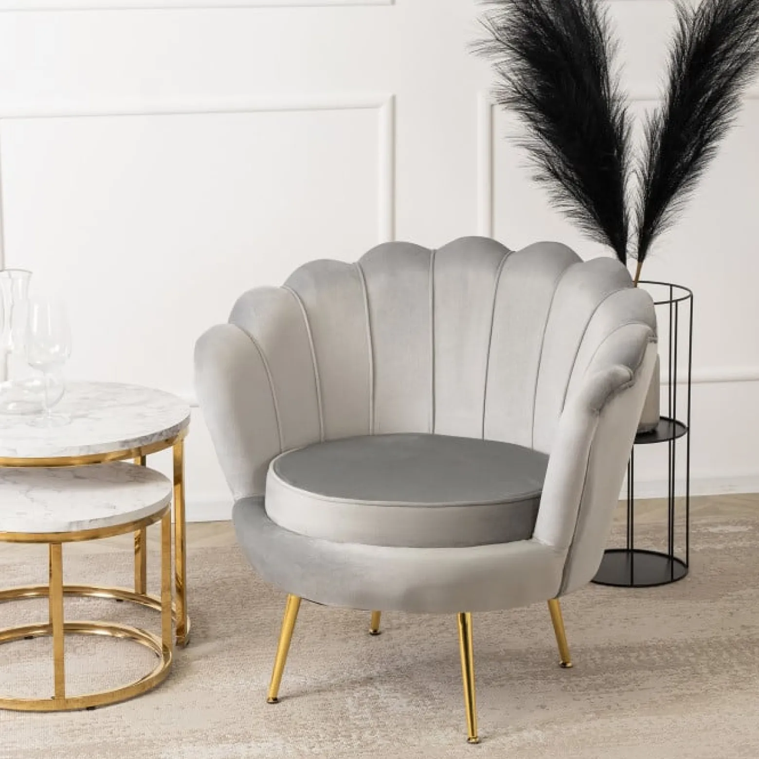 Zestaw Sofa Szara i 2 Fotele Muszelka Meble Wypoczynkowe Glamour Złote