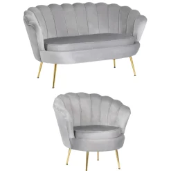 Zestaw Sofa Szara i Fotel Szary Muszelka Meble Wypoczynkowe Glamour Złote