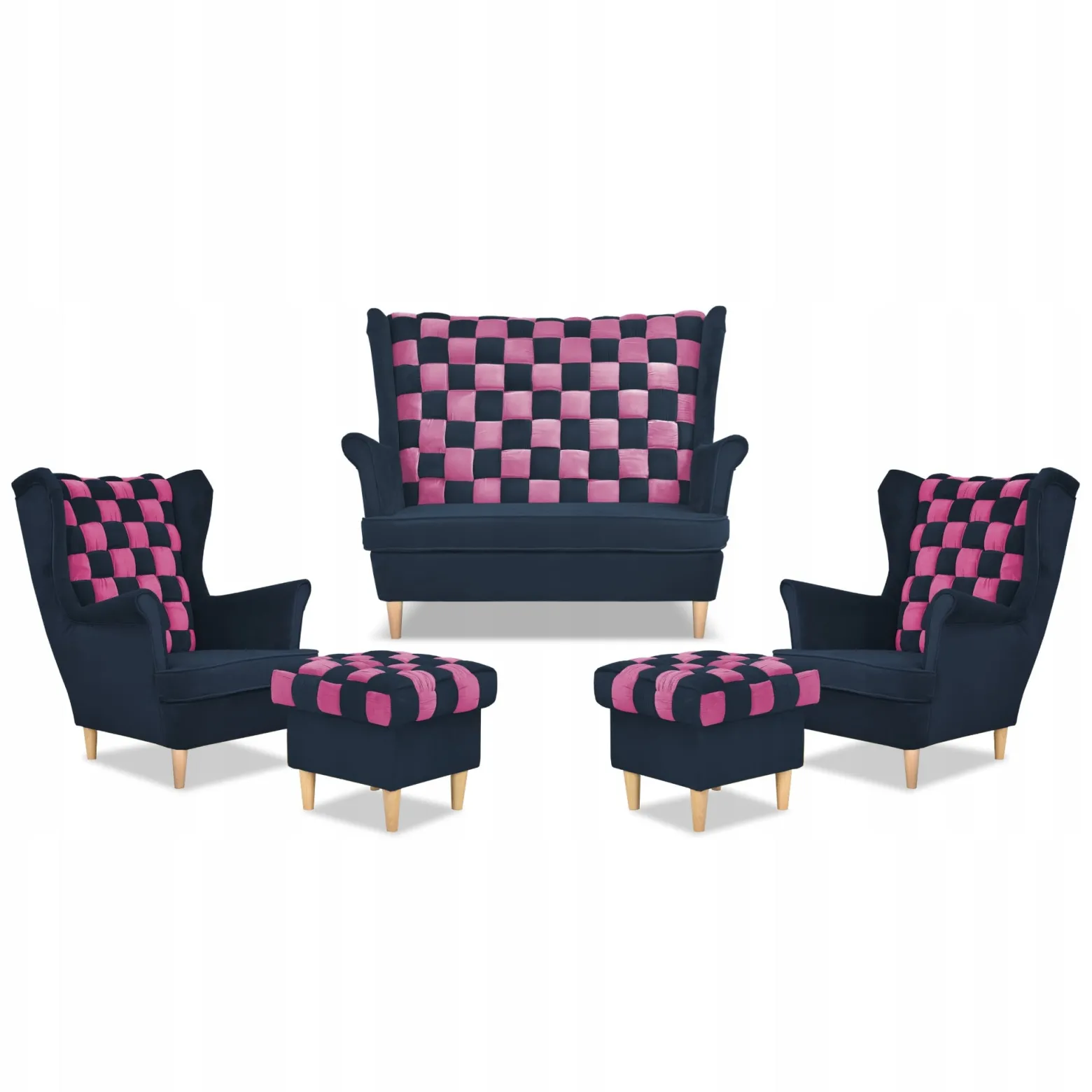 Zestaw uszak CAROL DUO sofa fotele pufy Family Meble granatowo - różowy